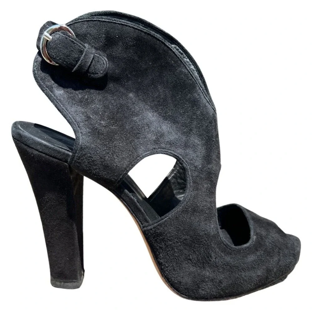 Rebecca Minkoff Demure Toe Suede Bootie High Heel Peep Size 7.5 EU 37.5 Black - Picture 2 of 11